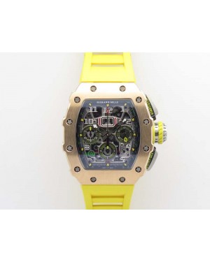 RM011 RG Chronograph SS Case KVF 1:1 Best Edition Crystal Skeleton Dial On Yellow Rubber Strap A7750