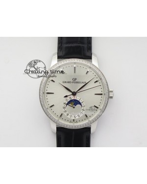GP Moonphase SS Silver Dial Diamond Bezel On Black Leather Strap On Cal.GP033MO