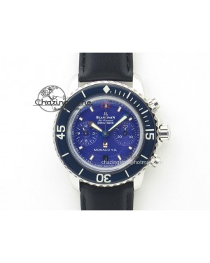 Fifty Fathoms Chronograph SS Blue Dial On Black Leather Strap A7750