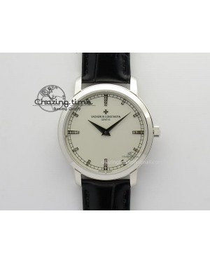 VC SS UT Best Edition White Dial Diamond Markers On Black Leather Strap