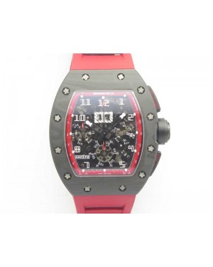 RM011 NTPT Carbon Chrono KVF 1:1 Best Edition Crystal Skeleton Dial Red Inner Bezel On Red Rubber Strap A7750
