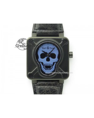BR 01-92 Airborne Skull PVD Blue Dial On Black Leather Strap MIYOTA 9015 (Free Rubber Strap)