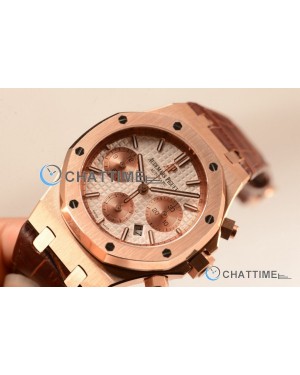 Royal Oak Chrono Rose Gold Case White Dial 7750 Automatic Brown Leather